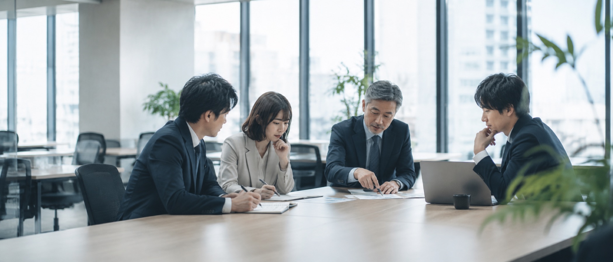 大きなテーブルを囲み、資料を見ながら議論するメンバーたち